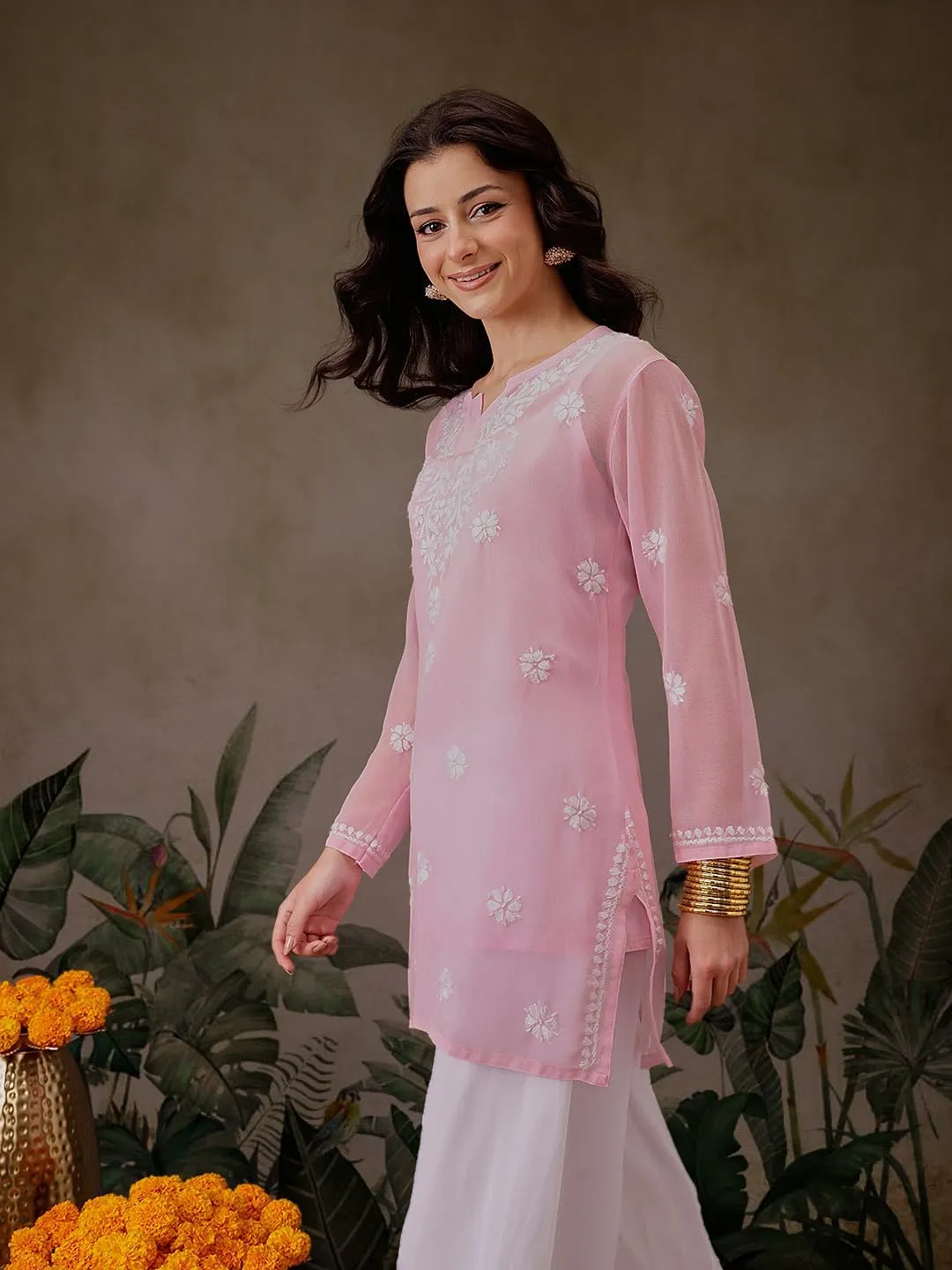 Ada Indian Hand Embroidered Chikankari Women's Georgette Kurti Top Tunic Shirt with inner A911300