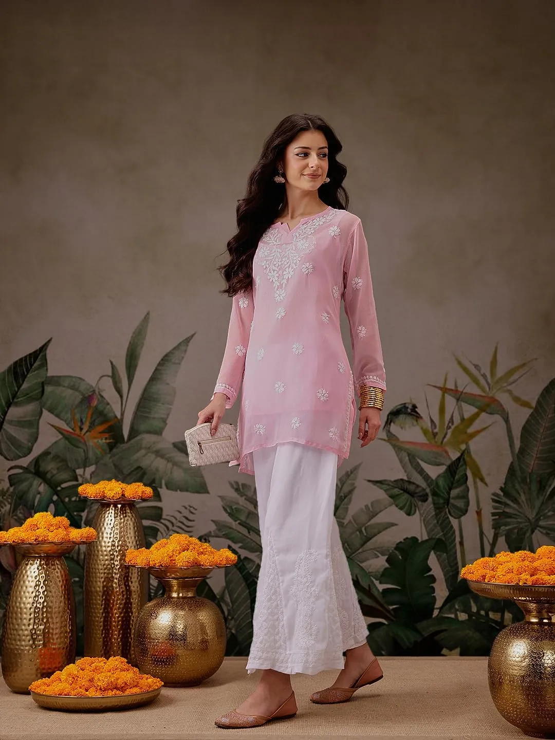 Ada Indian Hand Embroidered Chikankari Women's Georgette Kurti Top Tunic Shirt with inner A911300
