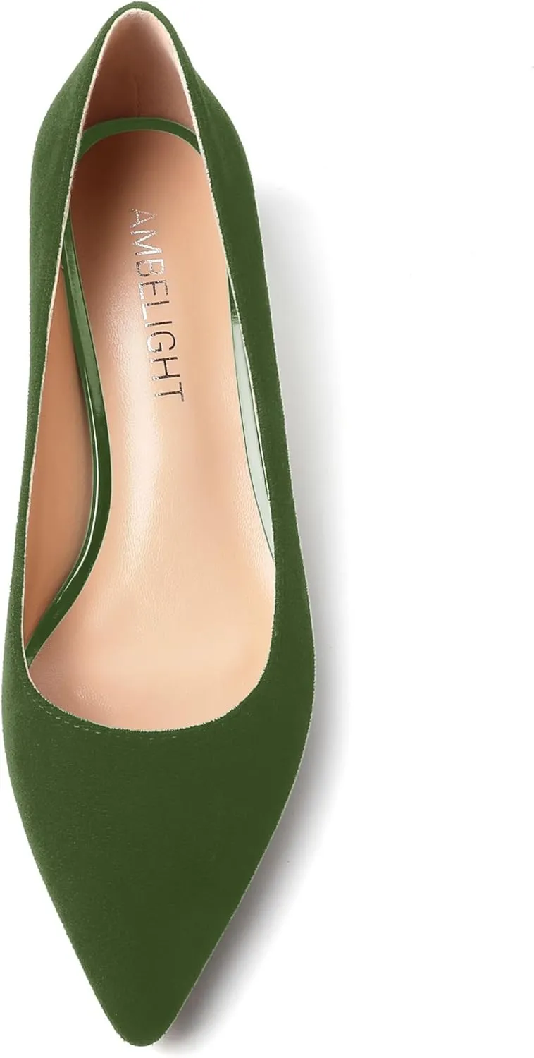 AMBELIGHT Womens Slip On Solid Casual Pointed Toe Office Suede Kitten Low Heel Pumps Shoes 1.5 Inch