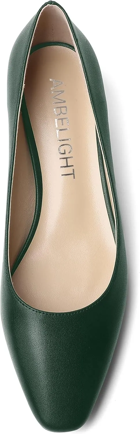 AMBELIGHT Womens Square Toe Solid Matte Office Casual Slip On Kitten Low Heel Pumps Shoes 1.5 Inch