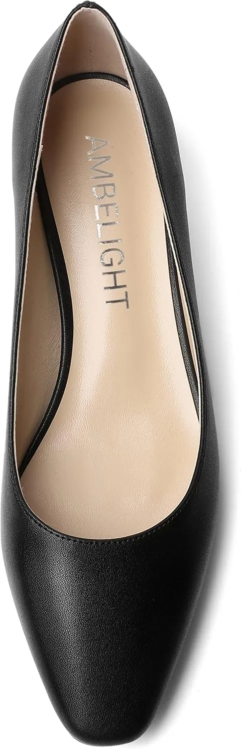AMBELIGHT Womens Square Toe Solid Matte Office Casual Slip On Kitten Low Heel Pumps Shoes 1.5 Inch