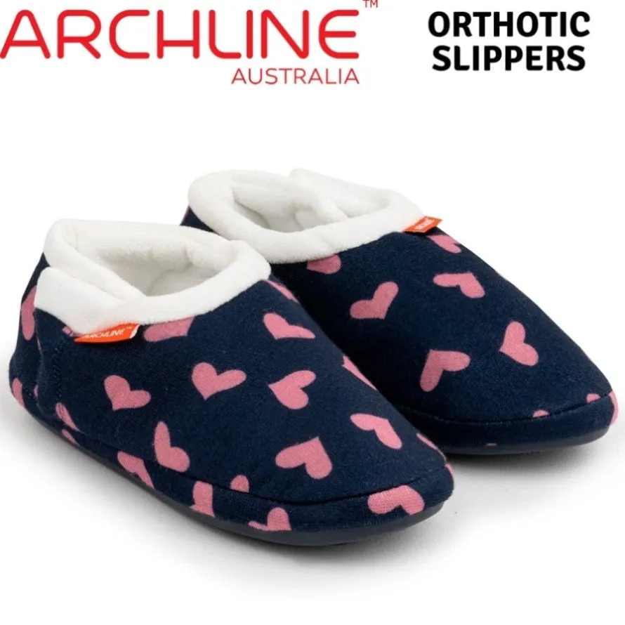 ARCHLINE Orthotic Slippers CLOSED Arch Scuffs Moccasins Pain Relief in Navy Hearts - EUR41 V563-AS401-NVYHRT-41