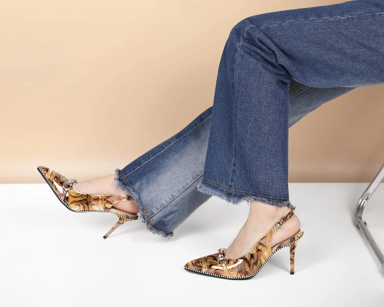 AUMOTED Women Beaded Pumps Slingback High Heel Stilettos Pointed Toe Shoes Slip On 3.5 Inch Ankle Strap Adjustable Patent Leather US Size 5-13
