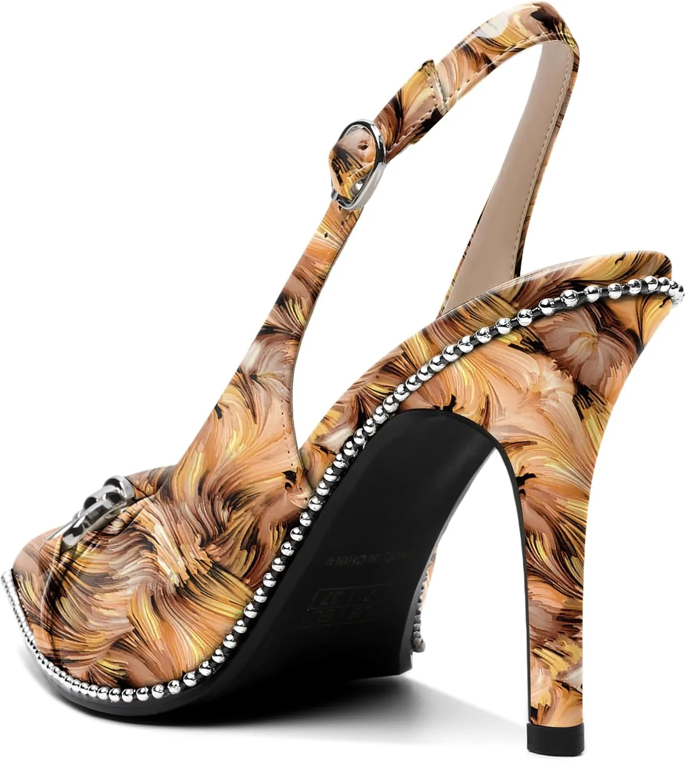 AUMOTED Women Beaded Pumps Slingback High Heel Stilettos Pointed Toe Shoes Slip On 3.5 Inch Ankle Strap Adjustable Patent Leather US Size 5-13