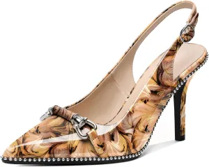 AUMOTED Women Beaded Pumps Slingback High Heel Stilettos Pointed Toe Shoes Slip On 3.5 Inch Ankle Strap Adjustable Patent Leather US Size 5-13