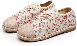 Ausom Girls Womens Linen Pastoral Preppy Style Floral Round Toe Canvas Sneakers Shoes