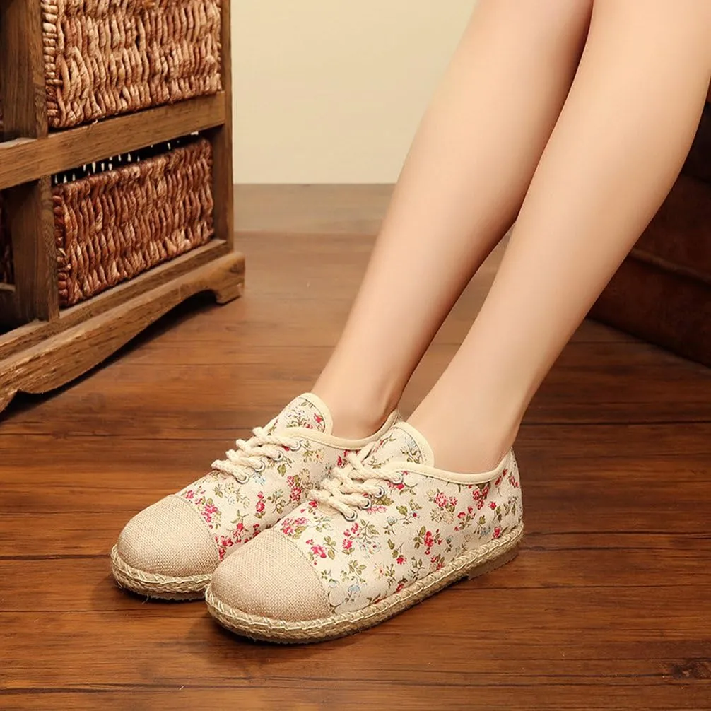 Ausom Girls Womens Linen Pastoral Preppy Style Floral Round Toe Canvas Sneakers Shoes