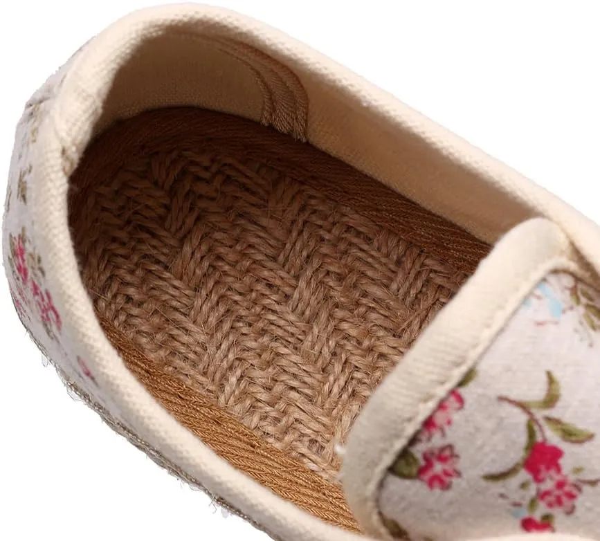 Ausom Girls Womens Linen Pastoral Preppy Style Floral Round Toe Canvas Sneakers Shoes