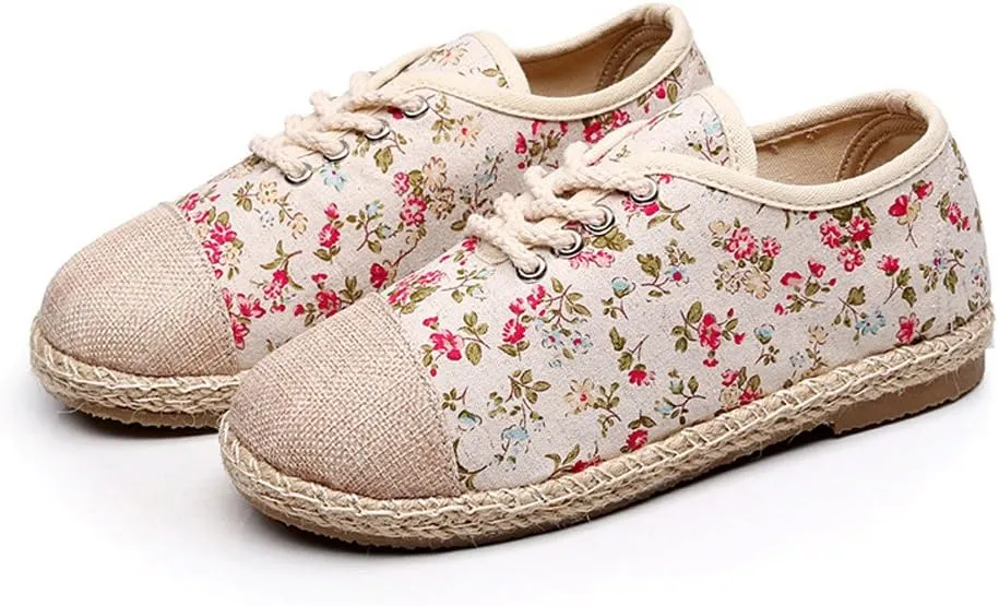 Ausom Girls Womens Linen Pastoral Preppy Style Floral Round Toe Canvas Sneakers Shoes