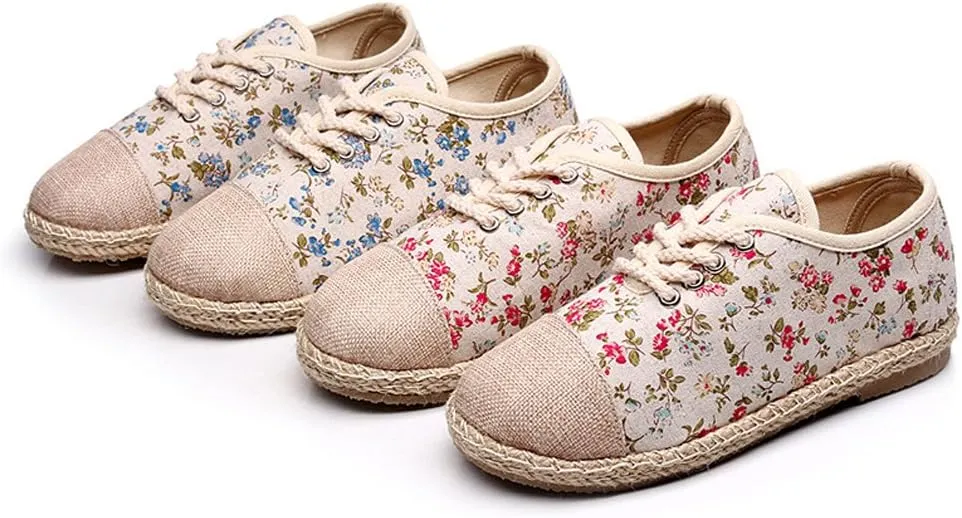 Ausom Girls Womens Linen Pastoral Preppy Style Floral Round Toe Canvas Sneakers Shoes