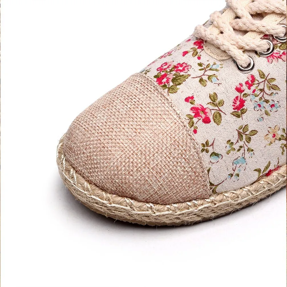 Ausom Girls Womens Linen Pastoral Preppy Style Floral Round Toe Canvas Sneakers Shoes
