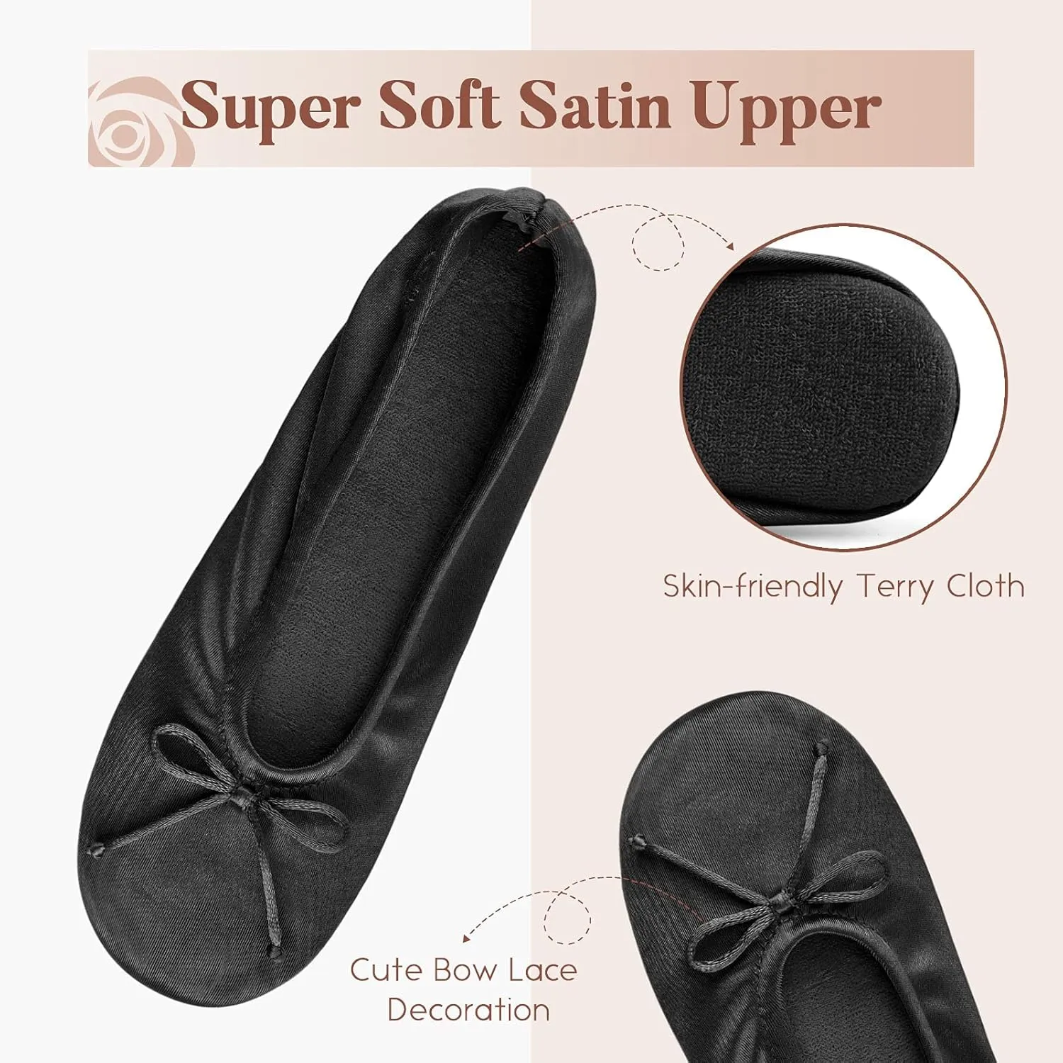 BCTEX COLL Women's Ballerina House Slippers with Bow, Ladies Satin Bedroom Slipper with Suede Sole Indoor