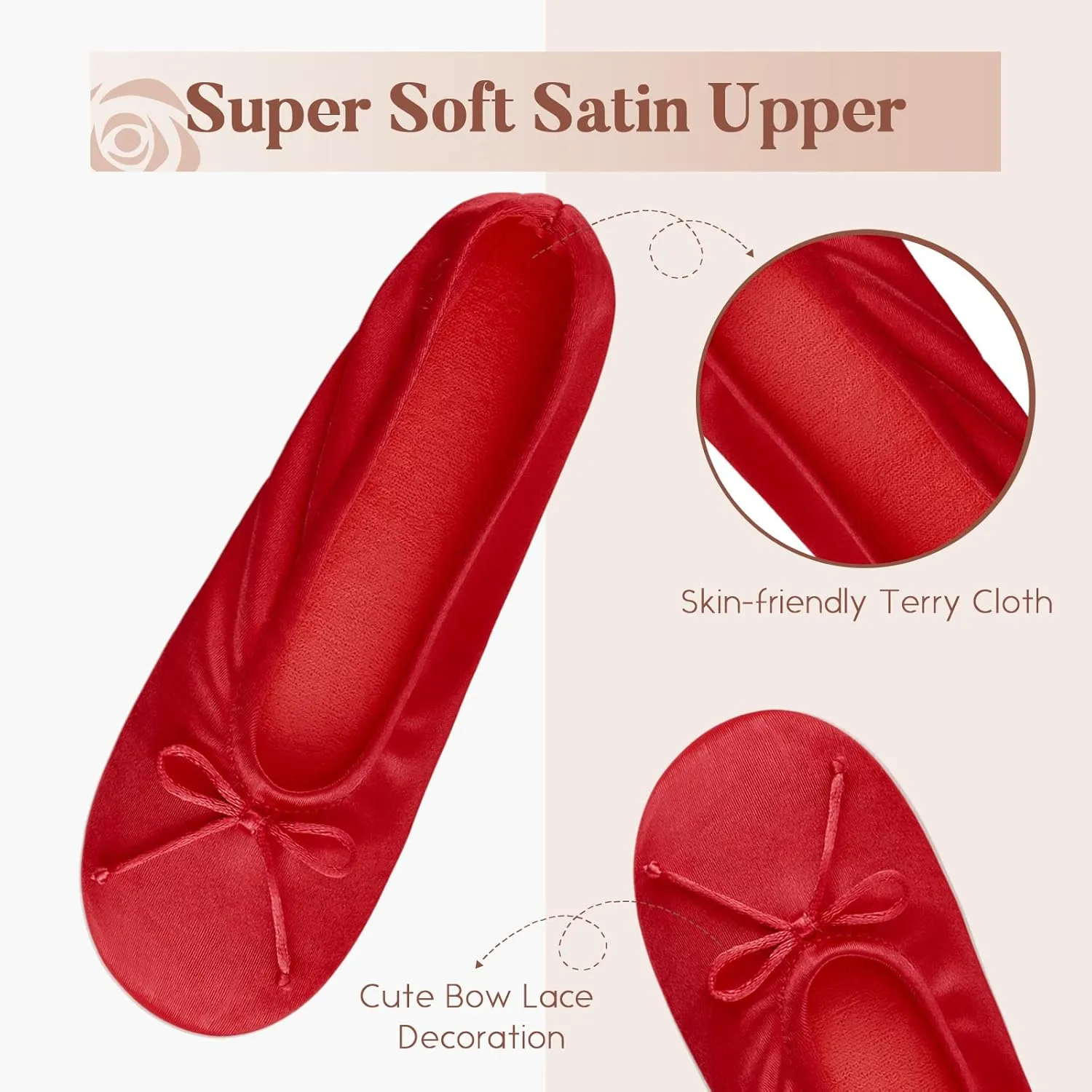 BCTEX COLL Women's Ballerina House Slippers with Bow, Ladies Satin Bedroom Slipper with Suede Sole Indoor