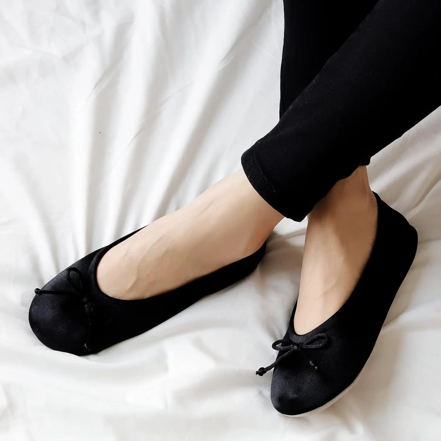 BCTEX COLL Women's Ballerina House Slippers with Bow, Ladies Satin Bedroom Slipper with Suede Sole Indoor