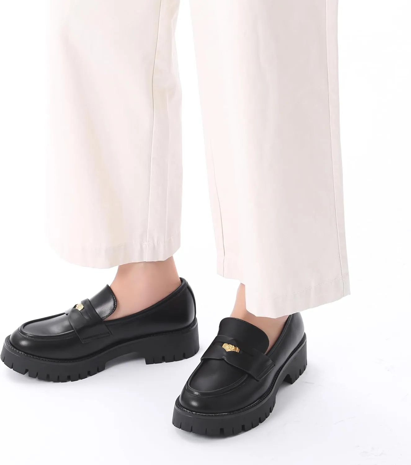 Bernal Women Chunky Platform Loafers Comfy Slip-On Penny Loafers Dressy Shoes Work School Party with Buckle