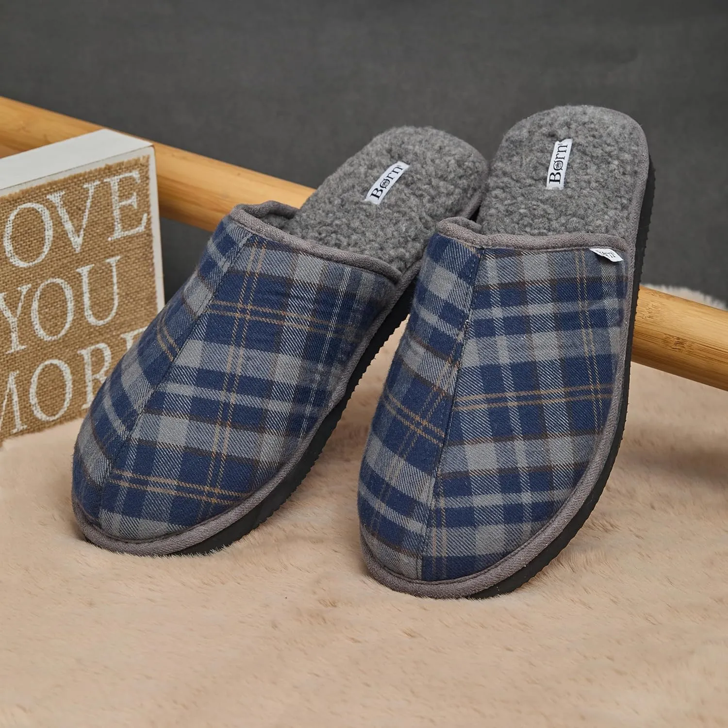 BORN Quilted Corduroy or Plaid Mens Slippers, Fleece or Sherpa-Lined House Slippers for Men, Gifts for Him