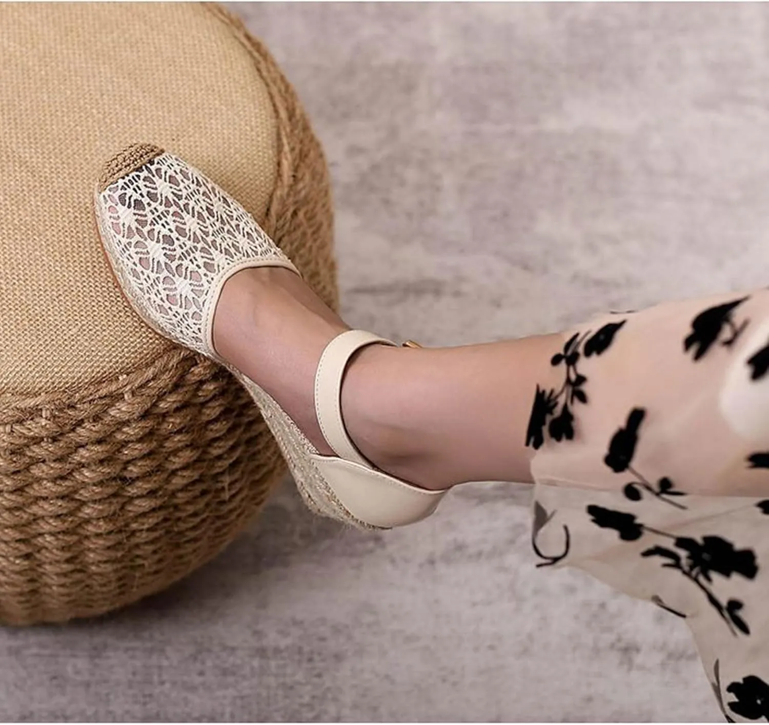 Breathable Lace Mesh Espadrille Wedge Sandals for Women Closed Cap Toe Ankle Strap Platform Pumps with Buckled