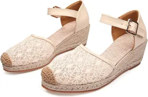 Breathable Lace Mesh Espadrille Wedge Sandals for Women Closed Cap Toe Ankle Strap Platform Pumps with Buckled