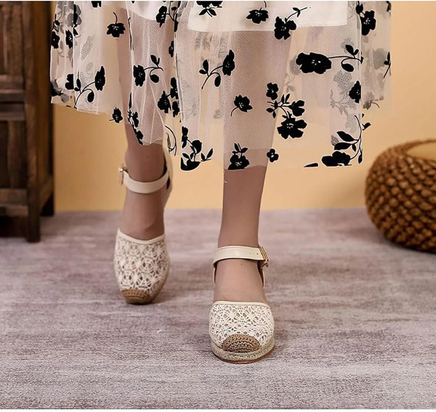 Breathable Lace Mesh Espadrille Wedge Sandals for Women Closed Cap Toe Ankle Strap Platform Pumps with Buckled