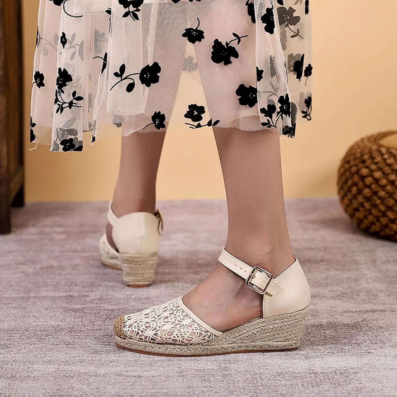 Breathable Lace Mesh Espadrille Wedge Sandals for Women Closed Cap Toe Ankle Strap Platform Pumps with Buckled