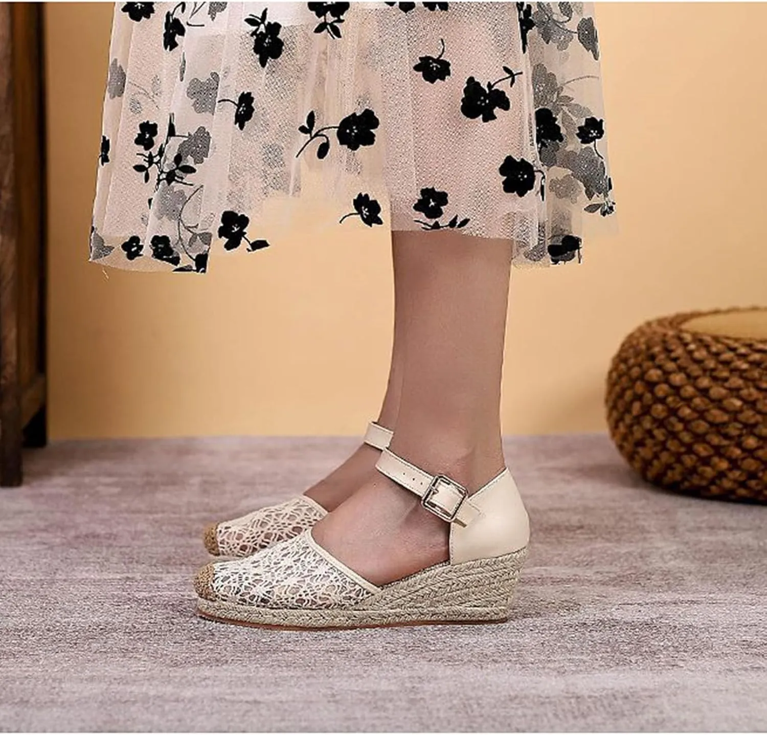 Breathable Lace Mesh Espadrille Wedge Sandals for Women Closed Cap Toe Ankle Strap Platform Pumps with Buckled