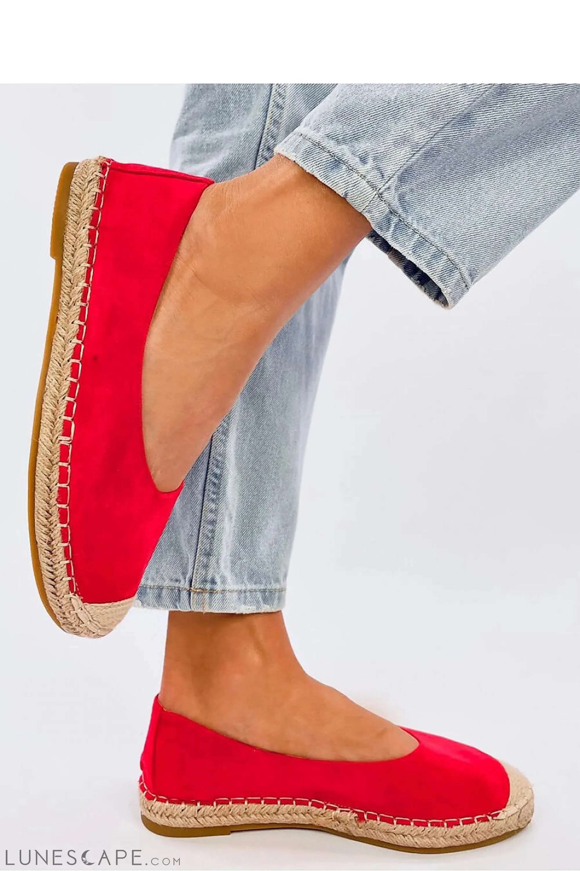 Bright Red Round Toe Eco-Suede Women's Espadrille Flats with Jute Cap Toe