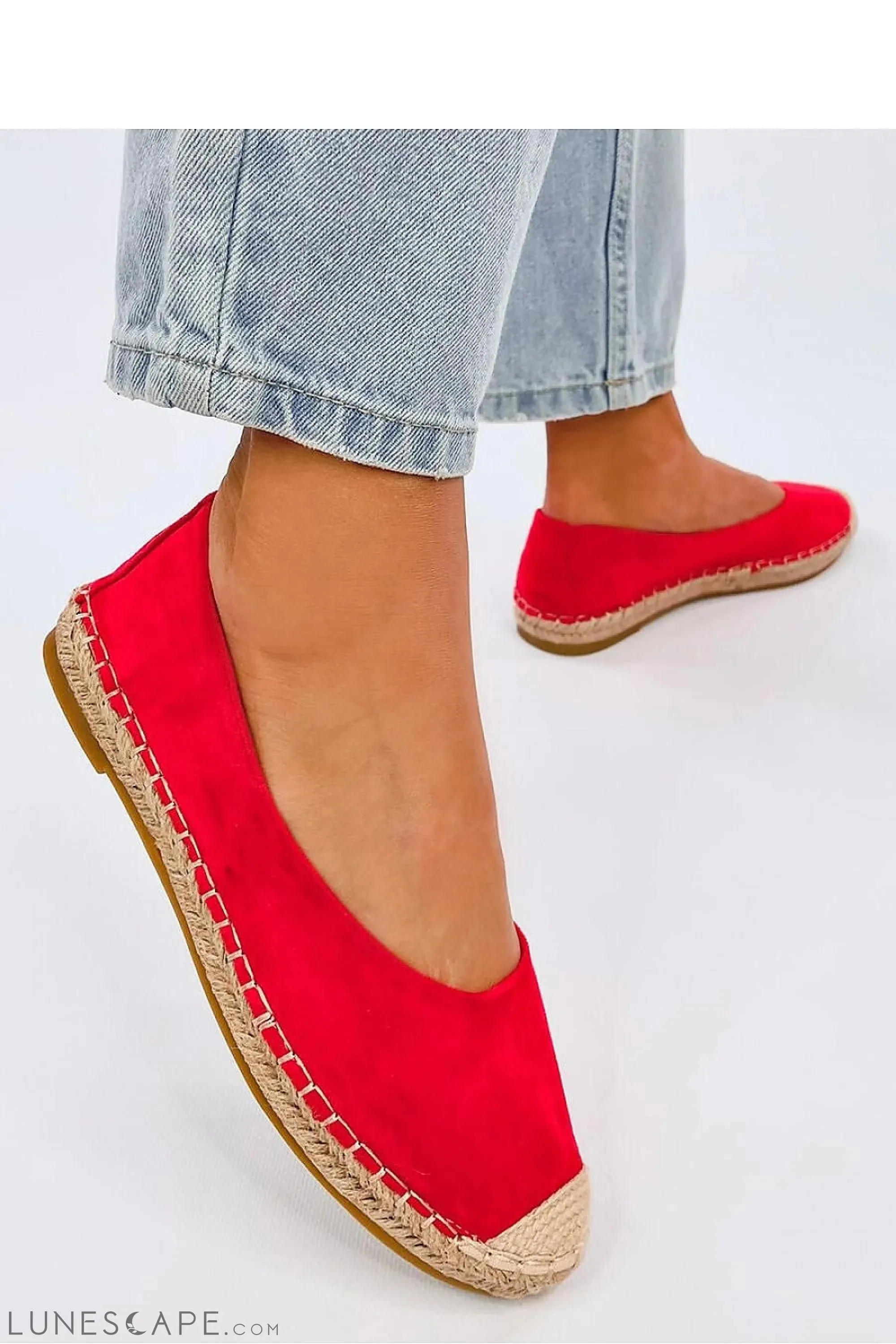 Bright Red Round Toe Eco-Suede Women's Espadrille Flats with Jute Cap Toe