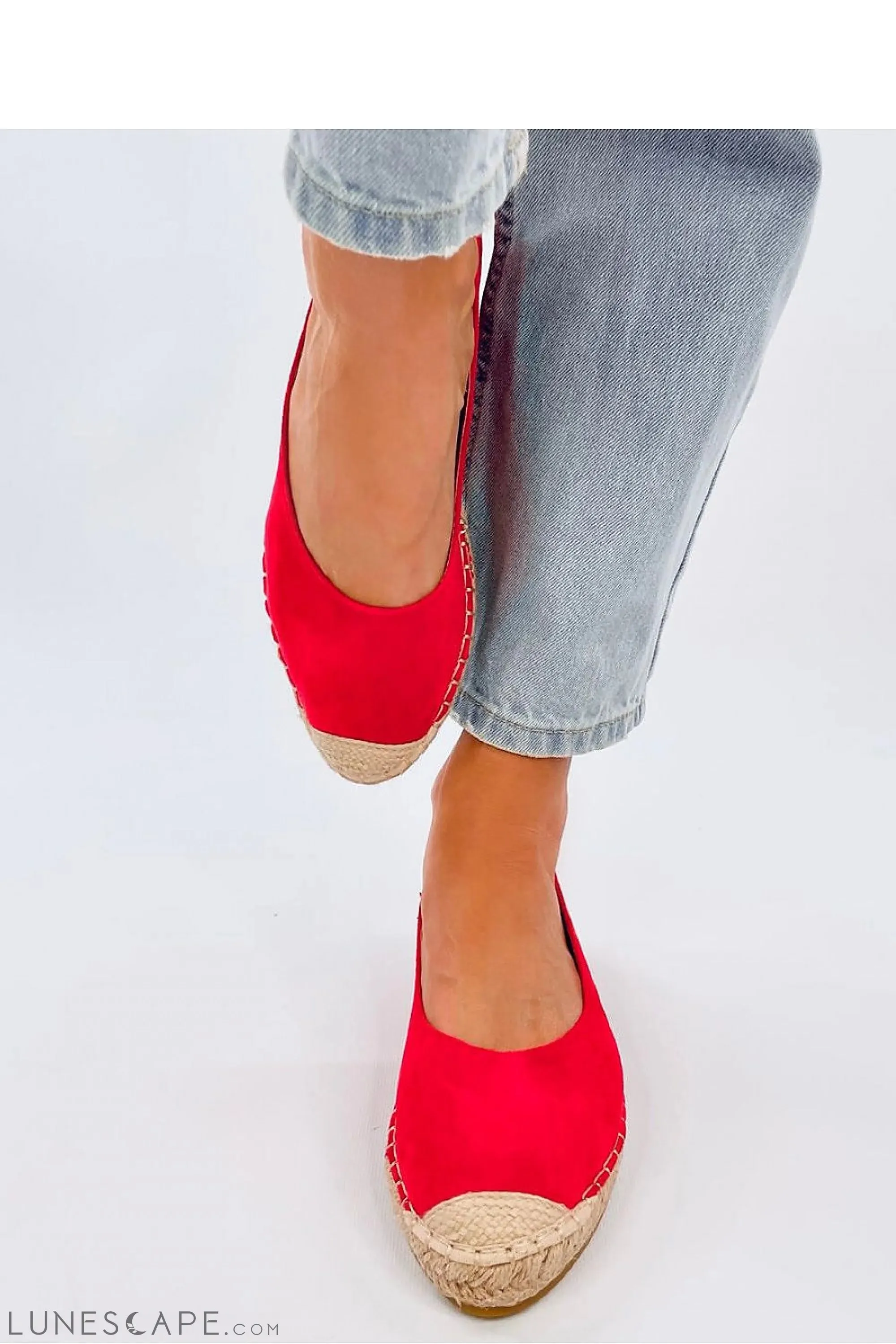 Bright Red Round Toe Eco-Suede Women's Espadrille Flats with Jute Cap Toe