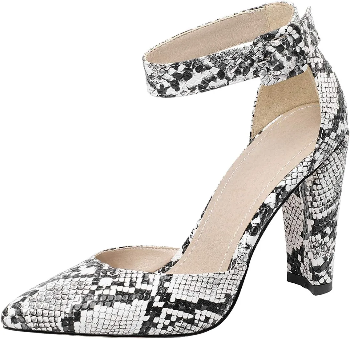 Caradise Womens Snakeskin Print Pointed Toe Block Heel Ankle Strap Pumps