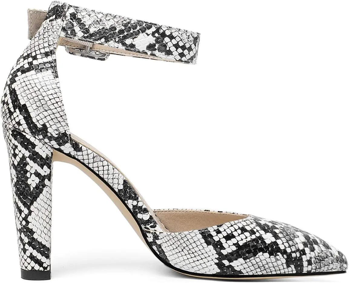 Caradise Womens Snakeskin Print Pointed Toe Block Heel Ankle Strap Pumps