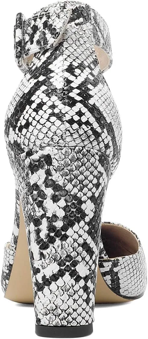 Caradise Womens Snakeskin Print Pointed Toe Block Heel Ankle Strap Pumps