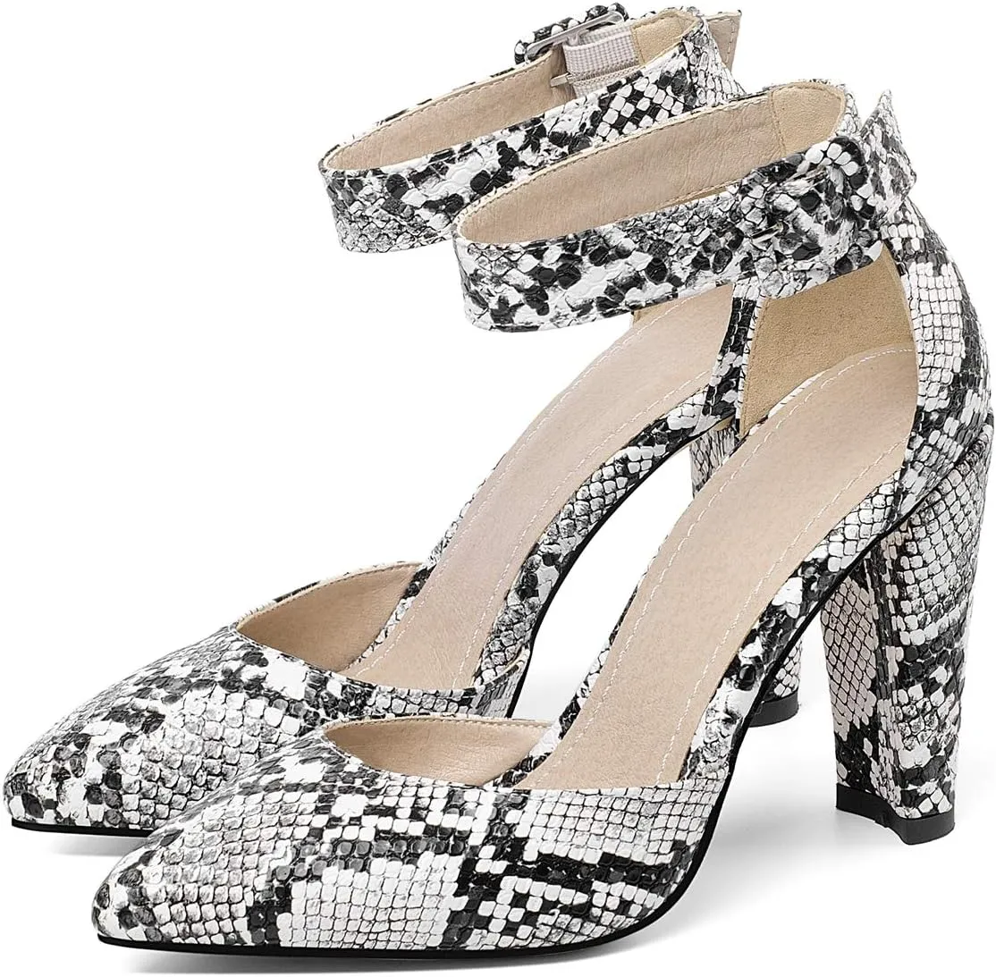 Caradise Womens Snakeskin Print Pointed Toe Block Heel Ankle Strap Pumps