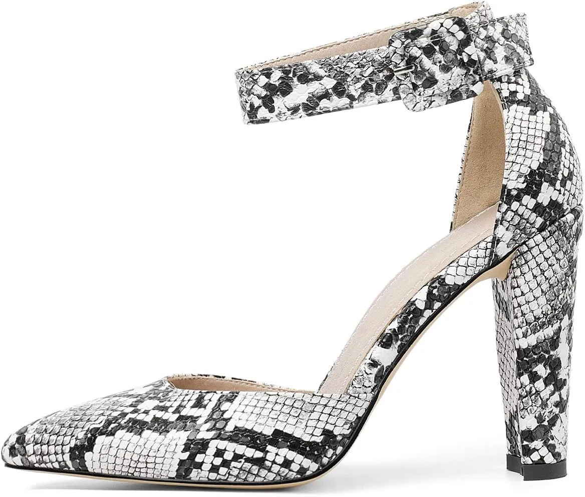 Caradise Womens Snakeskin Print Pointed Toe Block Heel Ankle Strap Pumps
