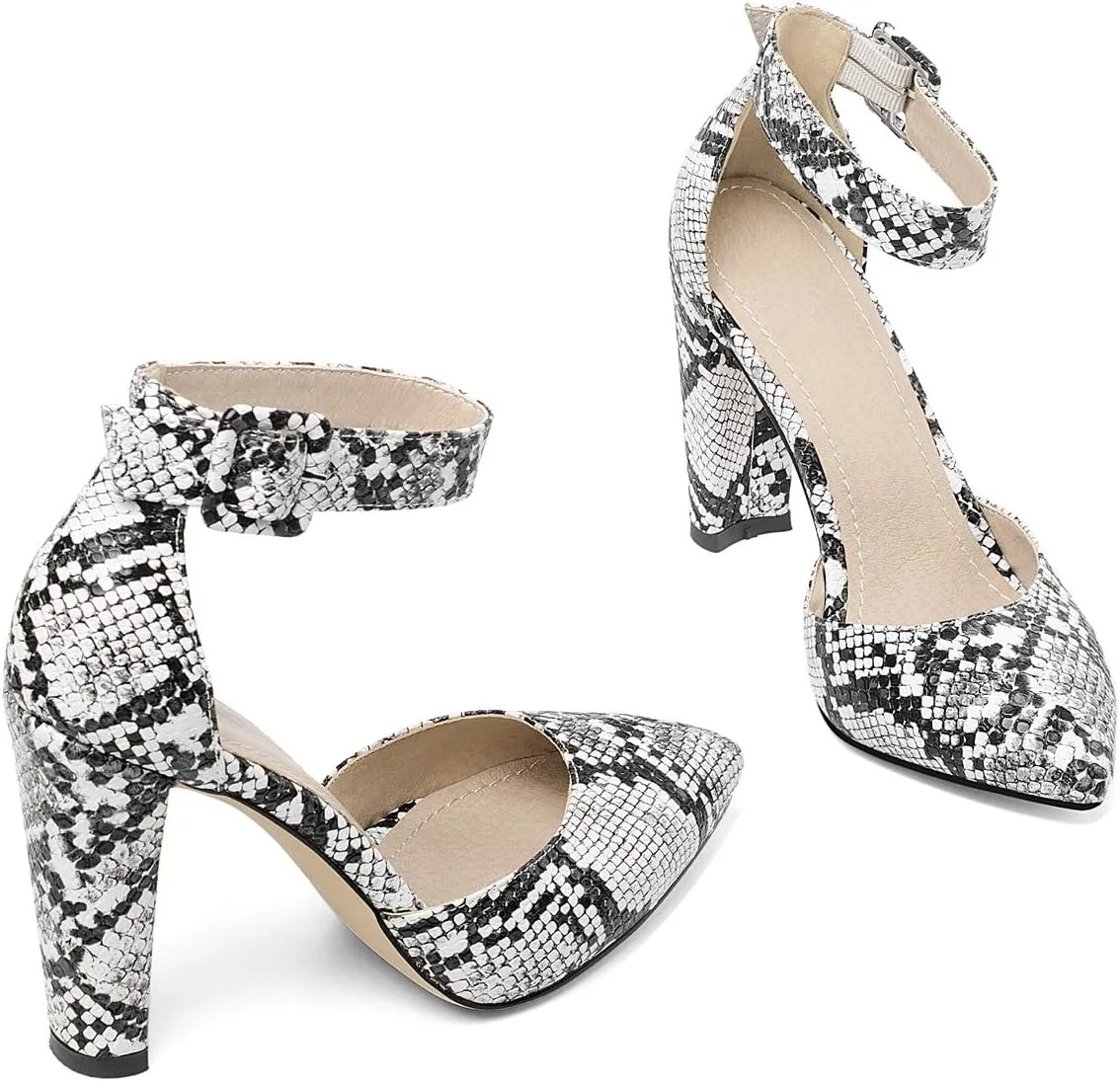 Caradise Womens Snakeskin Print Pointed Toe Block Heel Ankle Strap Pumps