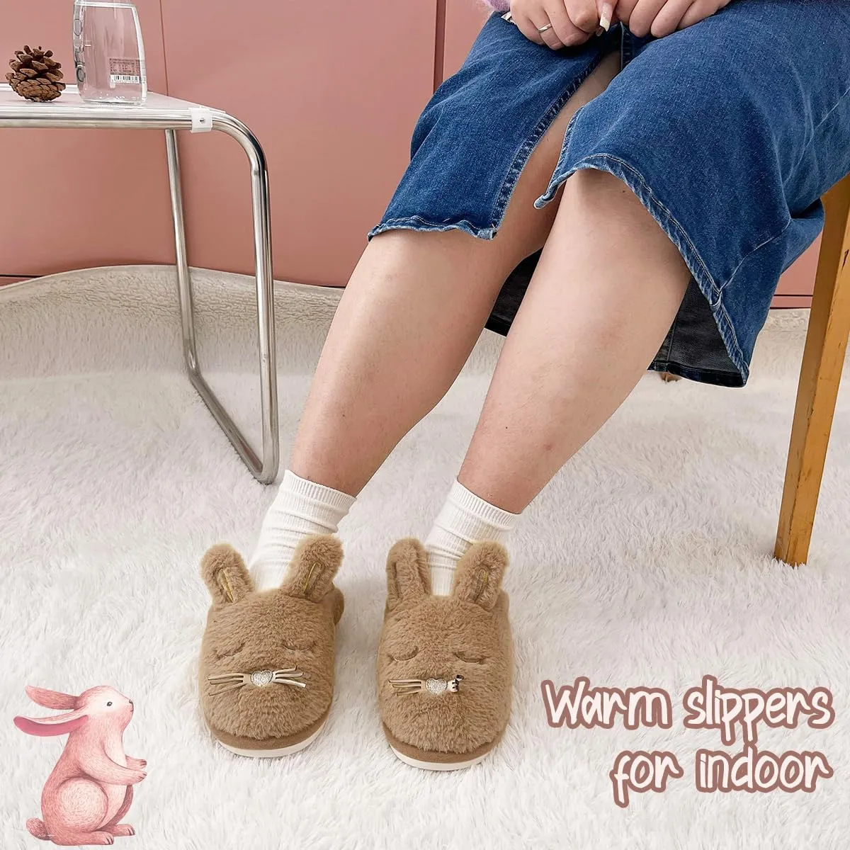 Caramella Bubble Bunny Slippers for Women Fuzzy Cute Animal Memory Foam House Rabbit Slippers Indoor Outdoor