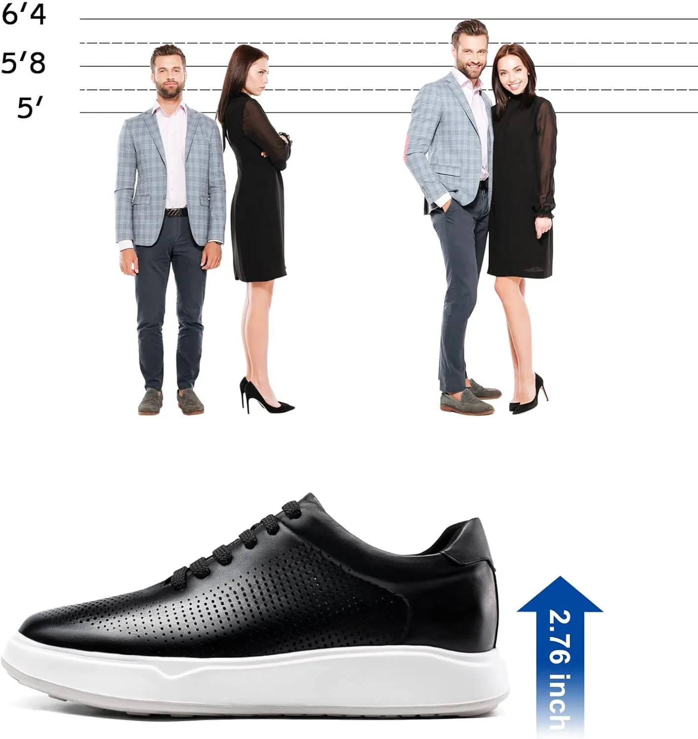 CHAMARIPA Hidden Heel Premium Leather Height Increase Low-Top Skate Shoes Men's Invisible Height Increasing Elevator Casual Fashion Sneaker