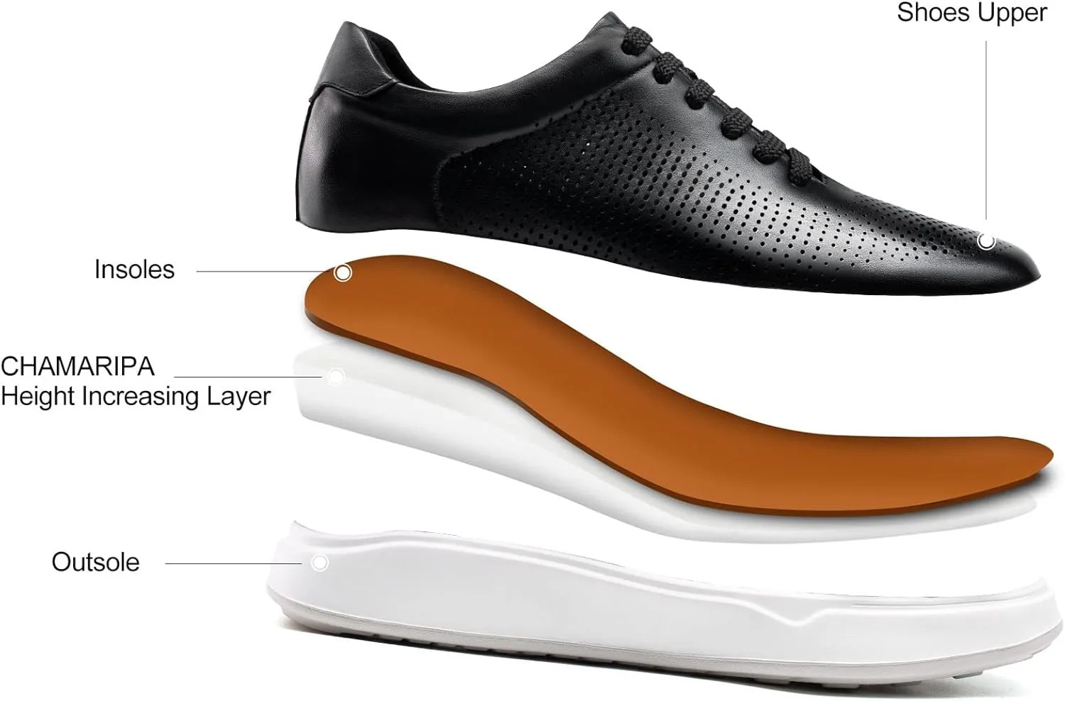 CHAMARIPA Hidden Heel Premium Leather Height Increase Low-Top Skate Shoes Men's Invisible Height Increasing Elevator Casual Fashion Sneaker