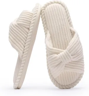 Chantomoo Slippers for Women Memory Foam House Womens Slipper Slides Home Bedroom Bathroom Spa Open Toe Corduroy Bow Slippers Cozy Comfortable