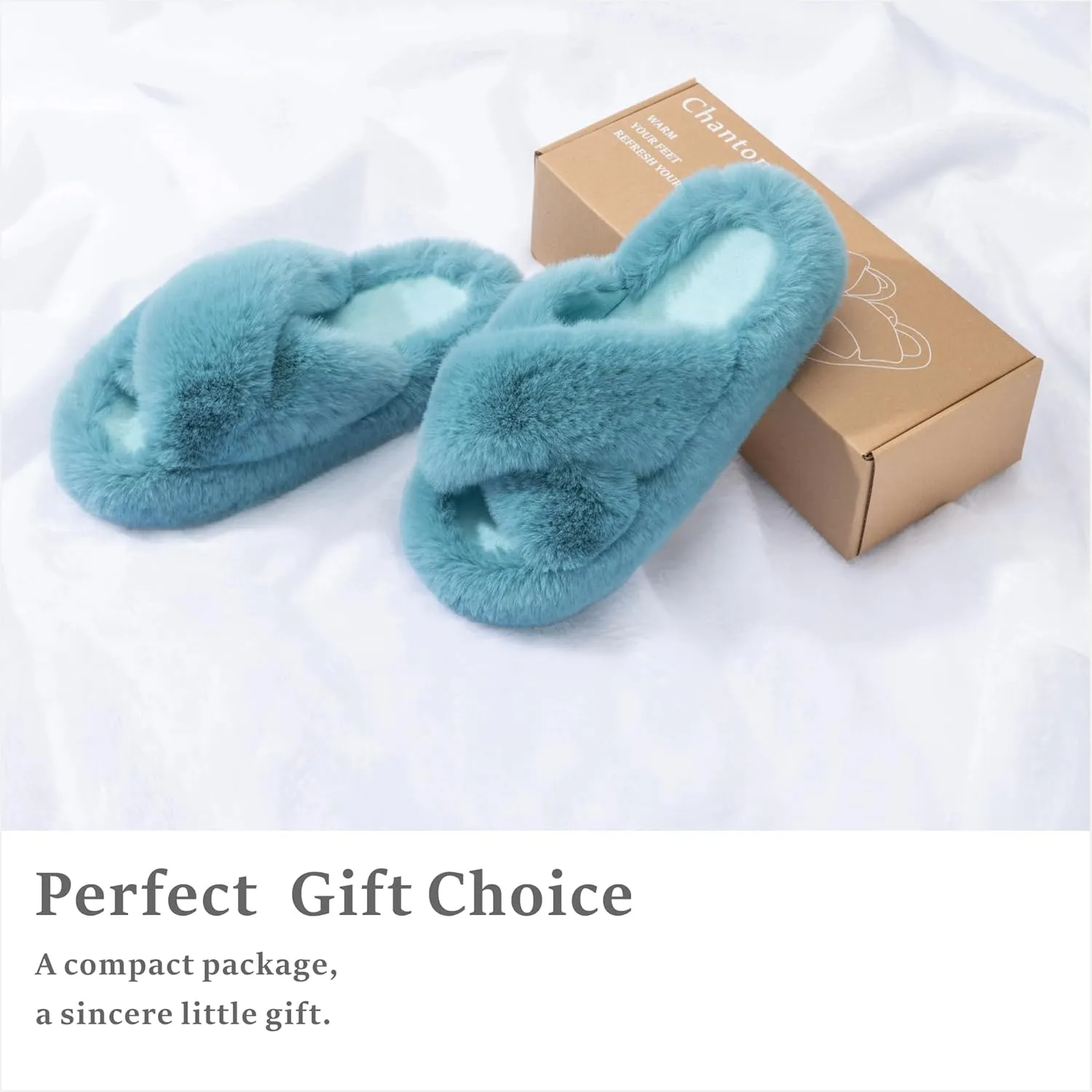Chantomoo Women's Blue Memory Foam Faux Fur Lined Open Toe Slippers for Women - US 12