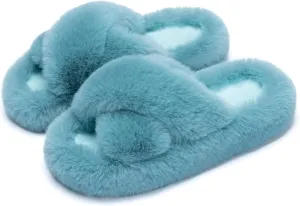 Chantomoo Women's Blue Memory Foam Faux Fur Lined Open Toe Slippers for Women - US 12