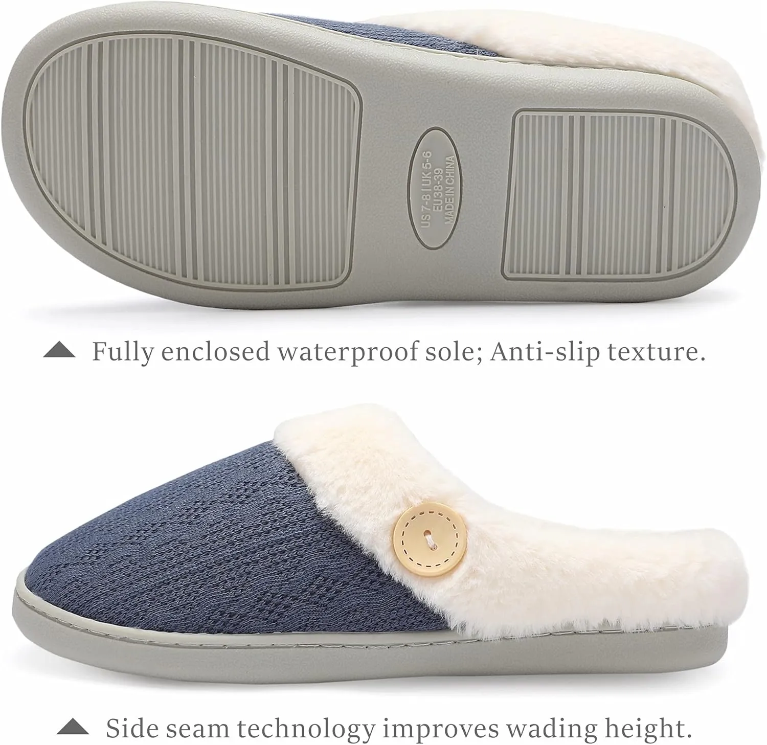 Chantomoo Womens Slipper Warm Comfy Memory Foam House Slippers Knitted Shoes Faux Fur Lined Anti-Skid Rubber Sole Bedroom Cozy Indoor Outdoor Slippers