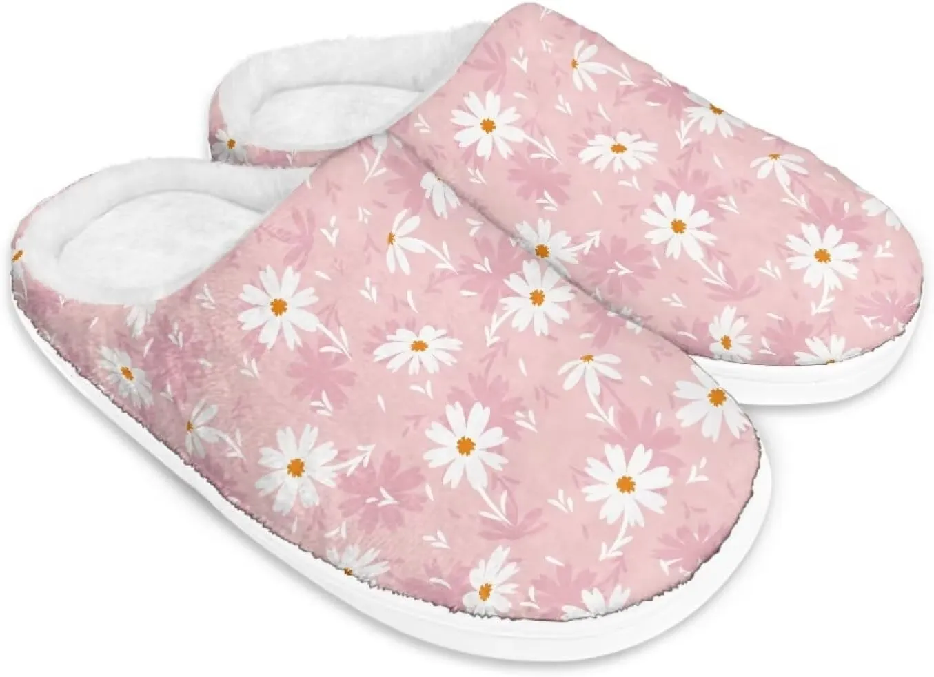 chaqlin Winter Fuzzy Slippers Flower Print Fluffy House Sandals Flat Heels Womens Wide Slip Resistant Memory Foam Bedroom Causal Shoes Slipper