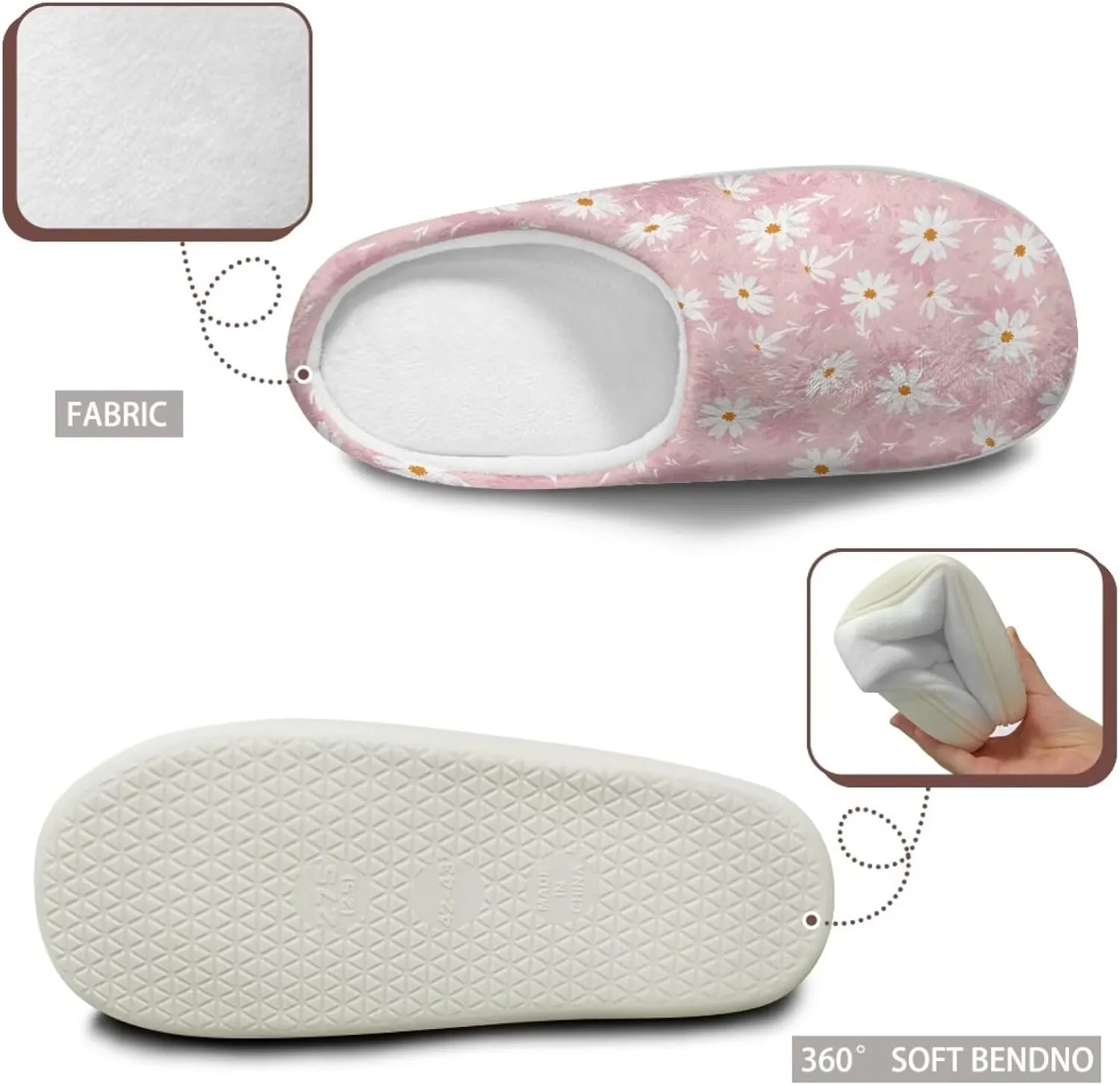 chaqlin Winter Fuzzy Slippers Flower Print Fluffy House Sandals Flat Heels Womens Wide Slip Resistant Memory Foam Bedroom Causal Shoes Slipper