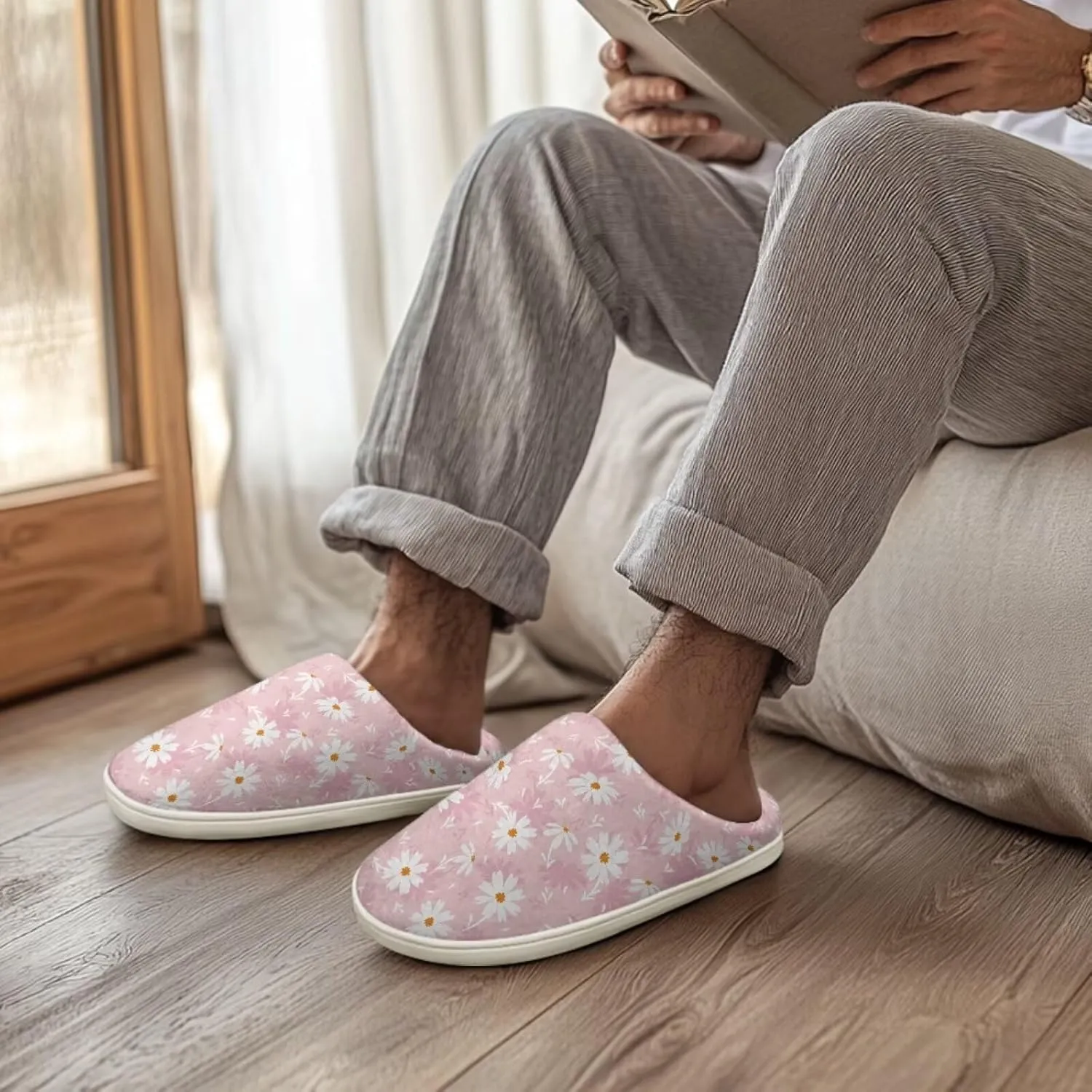 chaqlin Winter Fuzzy Slippers Flower Print Fluffy House Sandals Flat Heels Womens Wide Slip Resistant Memory Foam Bedroom Causal Shoes Slipper