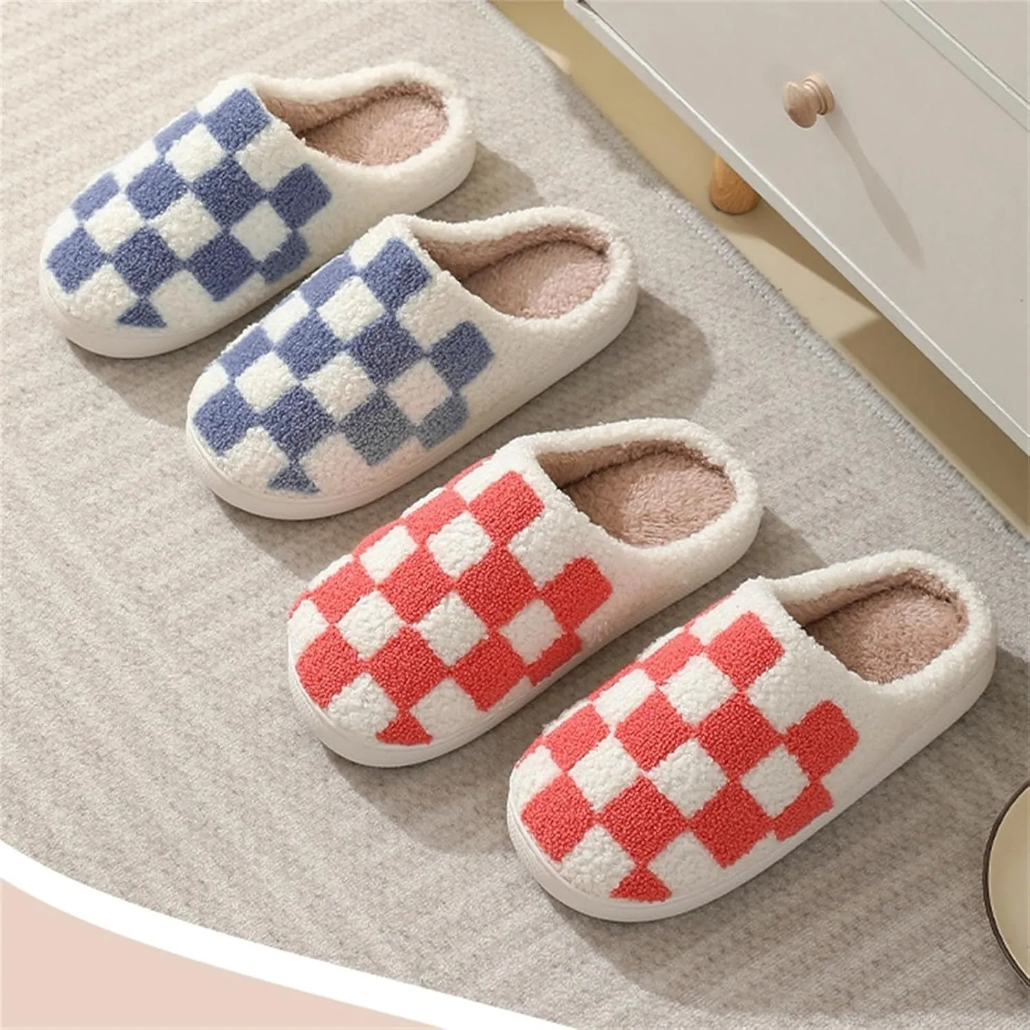 Checkered Fuzzy Memory Foam Men's House Slippers - Trendy Checkerboard Fluffy Preppy Bedroom Closed Toe Sandals
