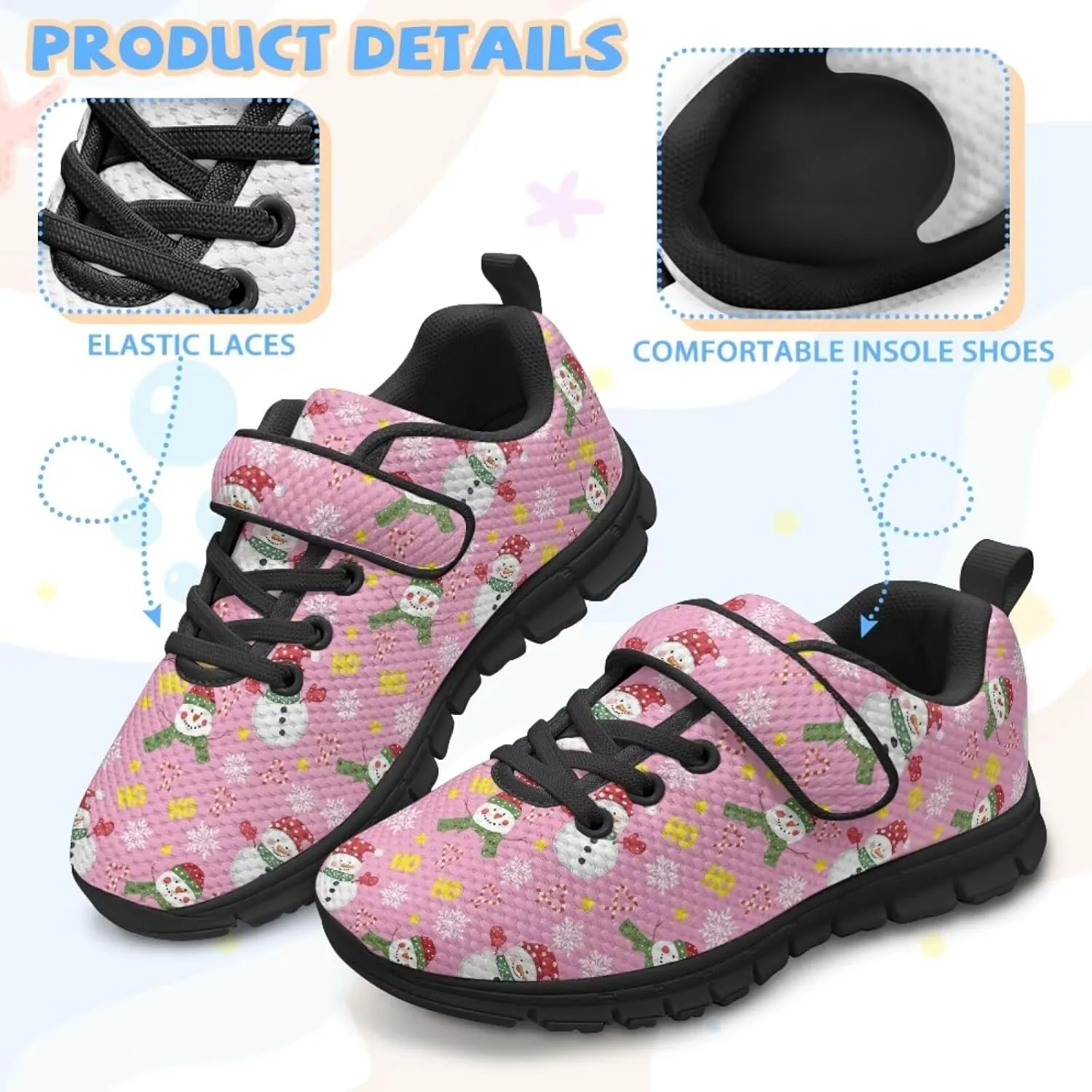 Christmas Sneakers for Girls Slip on Walking Shoes Breathable Lightweight Athletic Shoes with Hook and Loops