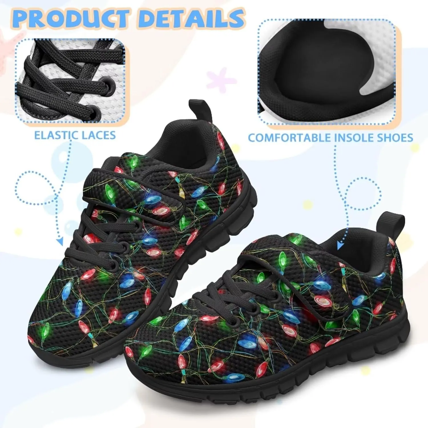 Christmas Sneakers for Girls Slip on Walking Shoes Breathable Lightweight Athletic Shoes with Hook and Loops