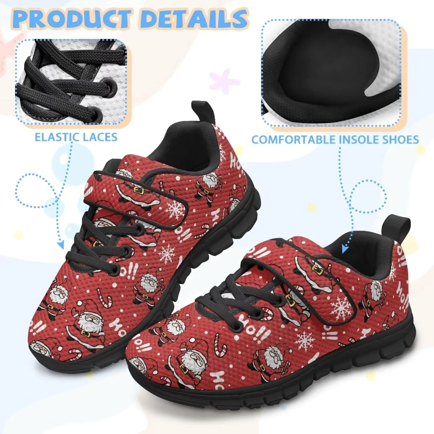 Christmas Sneakers for Girls Slip on Walking Shoes Breathable Lightweight Athletic Shoes with Hook and Loops