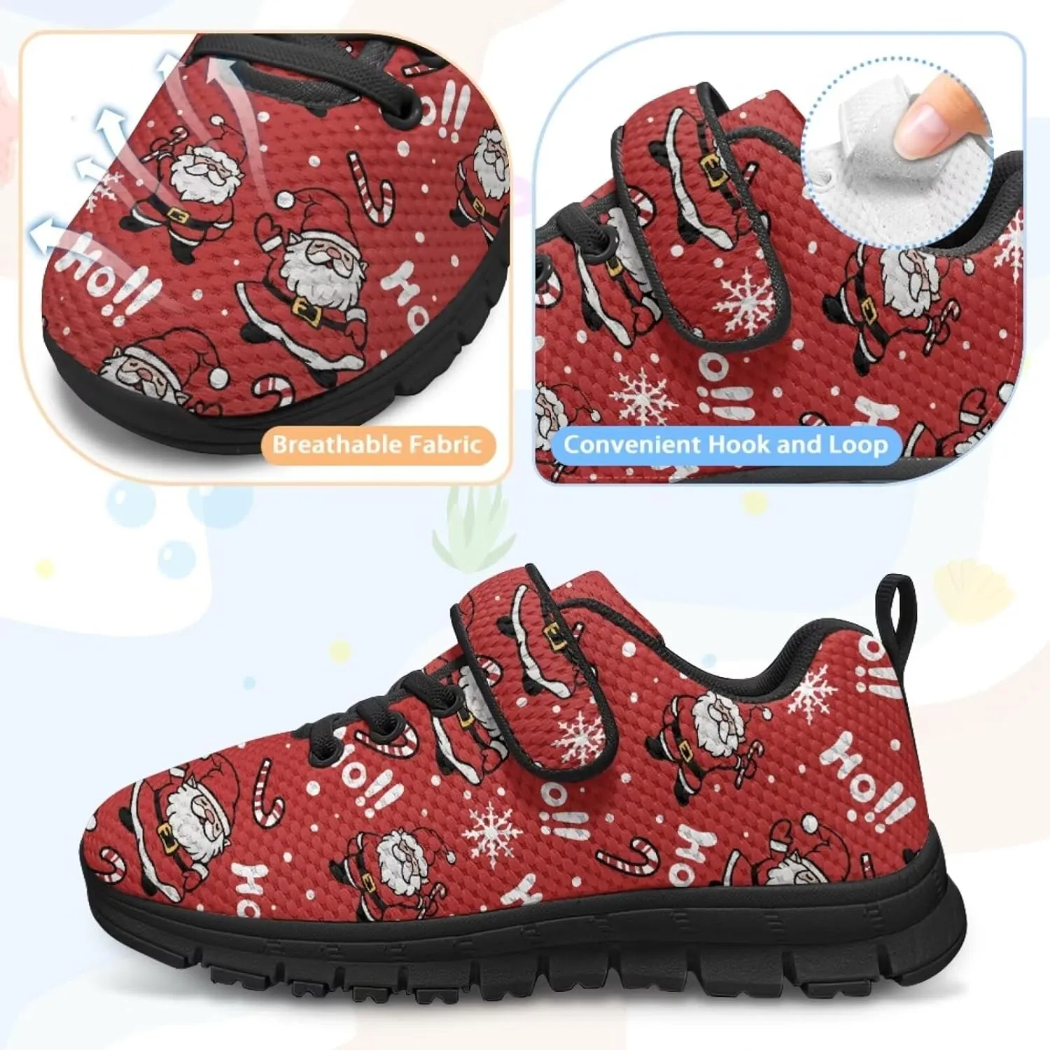 Christmas Sneakers for Girls Slip on Walking Shoes Breathable Lightweight Athletic Shoes with Hook and Loops