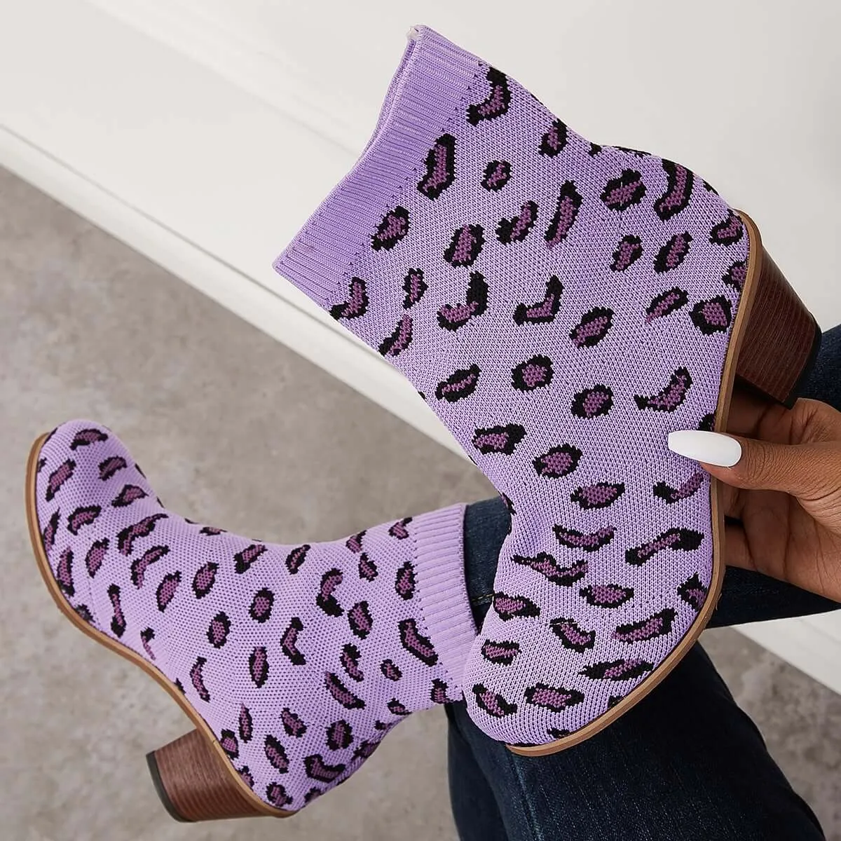 Chunky Convenient Limited access Ankle Sock Block Knitted Booties Boots Stretch Heel